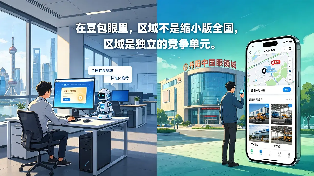 在豆包里搜“哪里可以配镜”，上海和丹阳看到的答案一样吗？